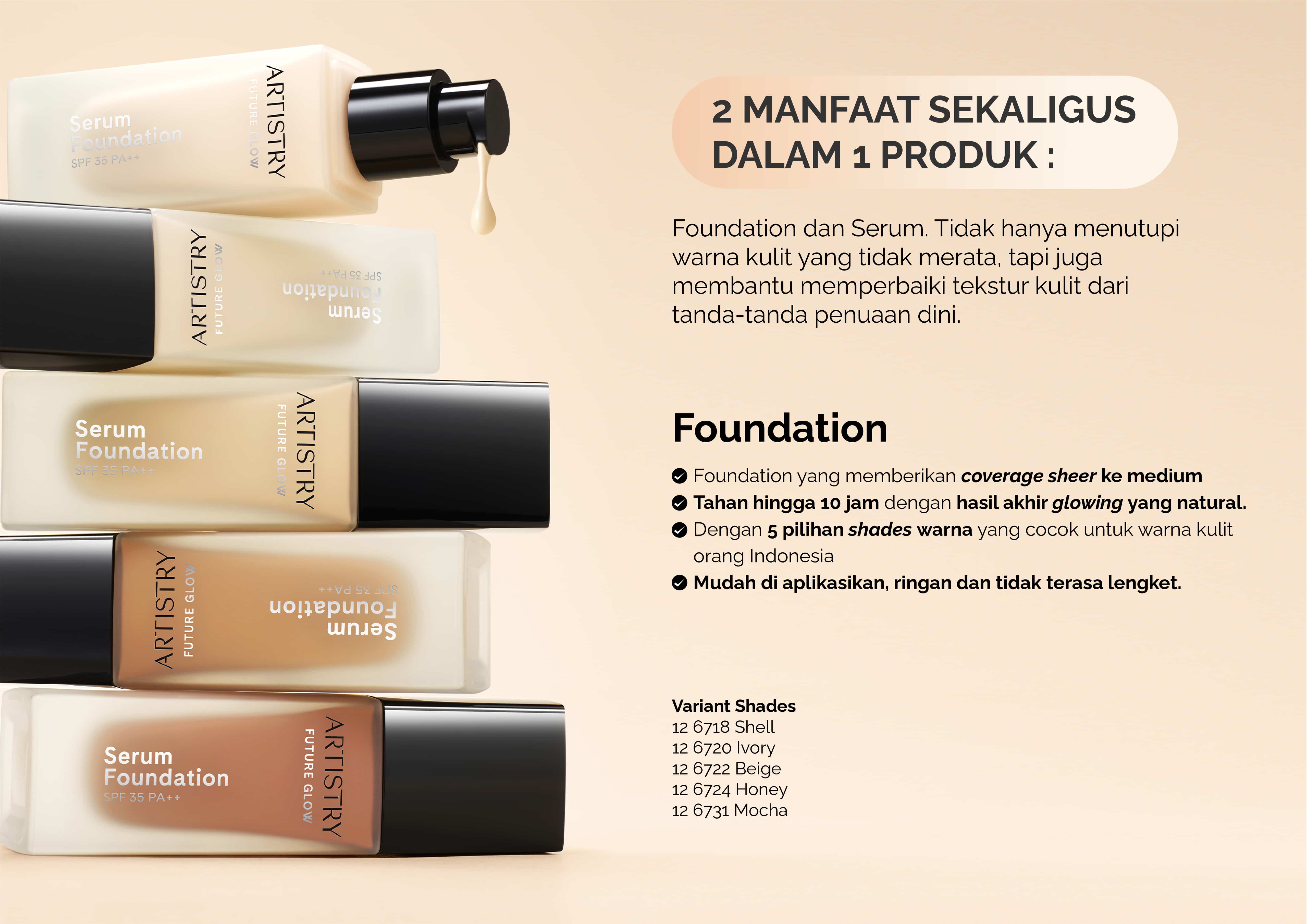 Youth Care, Melembabkan kulit, Menyamarkan garis-garis halus dan keriput di wajah, Membuat kulit tampak lebih kencang, SPF 35 PA++, perlindungan terhadap UV-A dan UV-B, agar terhindar dari penuaan dini, ARTISTRY FUTURE GLOW, Serum Foundation, Complexion Care, Memancarkan kilau sehat kulit dan mencegah kulit kusam, Mengurangi warna kemerahan di wajah, Mengurangi noda hitam di wajah, Mengurangi warna kulit yang tidak rata, Untuk melembabkan kulit, menyamarkan keriput, dan mencegah penuaan dini, Anda bisa menggunakan produk perawatan kulit yang mengandung anti-aging, Produk perawatan kulit anti-aging, Serum Day and night cream, Facial foam, Produk yang mengandung vitamin A, vitamin C, dan asam hidroksi, Cara lain untuk mencegah penuaan dini, Gunakan tabir surya, Hindari paparan zat kimia dalam rokok, Konsumsi makanan sehat, Hindari konsumsi alkohol, Cukup tidur, Minum air yang cukup, Jaga pola hidup aktif, Hindari stres berlebih, Cara alami untuk mengurangi keriput Gunakan masker wajah dari putih telur, Buat pembersih wajah dari susu segar dan madu, Cegah penumpukan kulit mati dengan toner air lemon dan gula, Pijat wajah, Gunakan gel lidah buaya, Kerutan muncul secara alami sebagai bagian dari proses penuaan, Kondisi ini biasanya terjadi karena faktor usia dan pola hidup yang dijalani.
