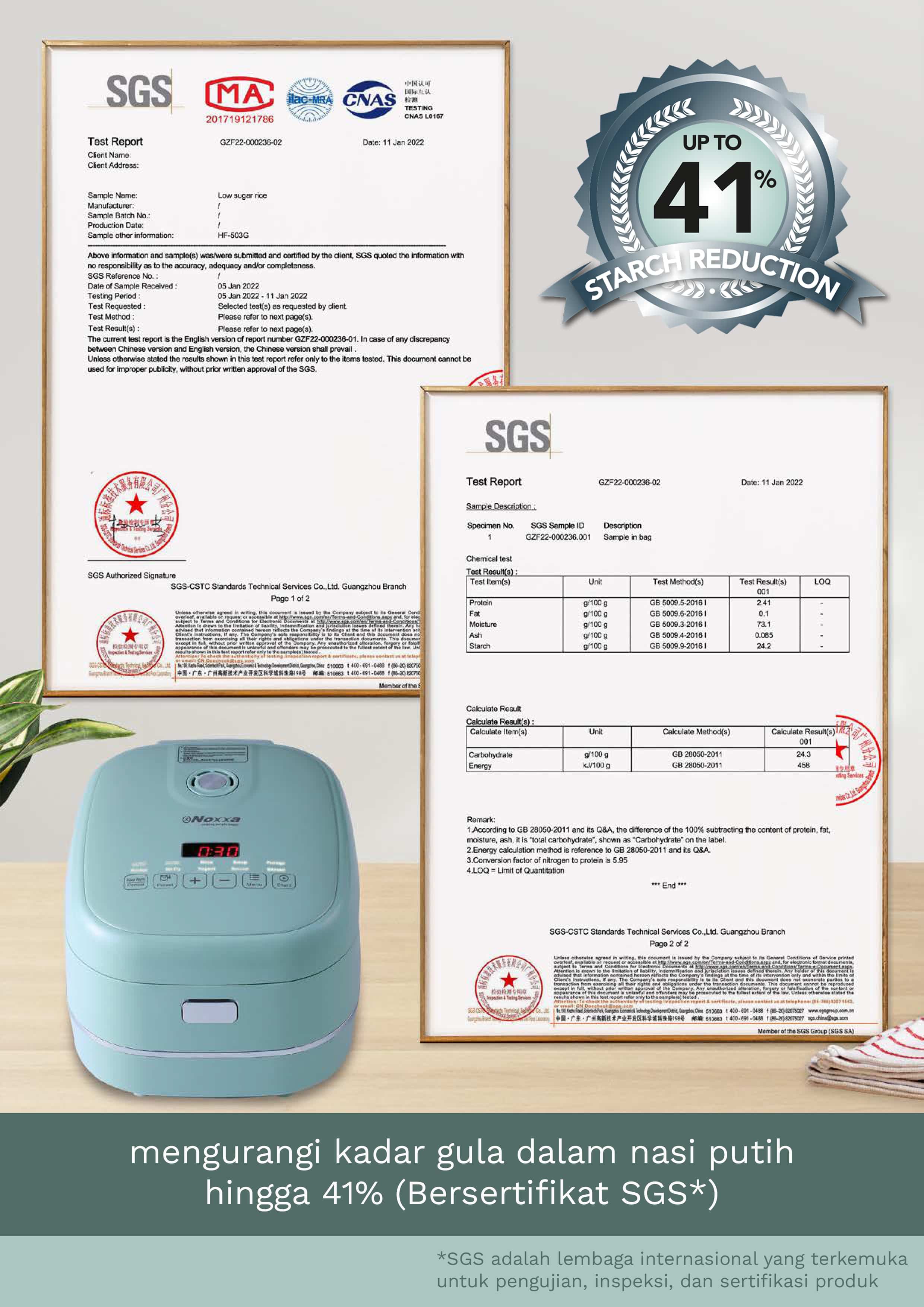 Noxxa Rice Cooker telah bersertifikasi, menjamin bahwa produk ini memenuhi standar keamanan dan kualitas tinggi